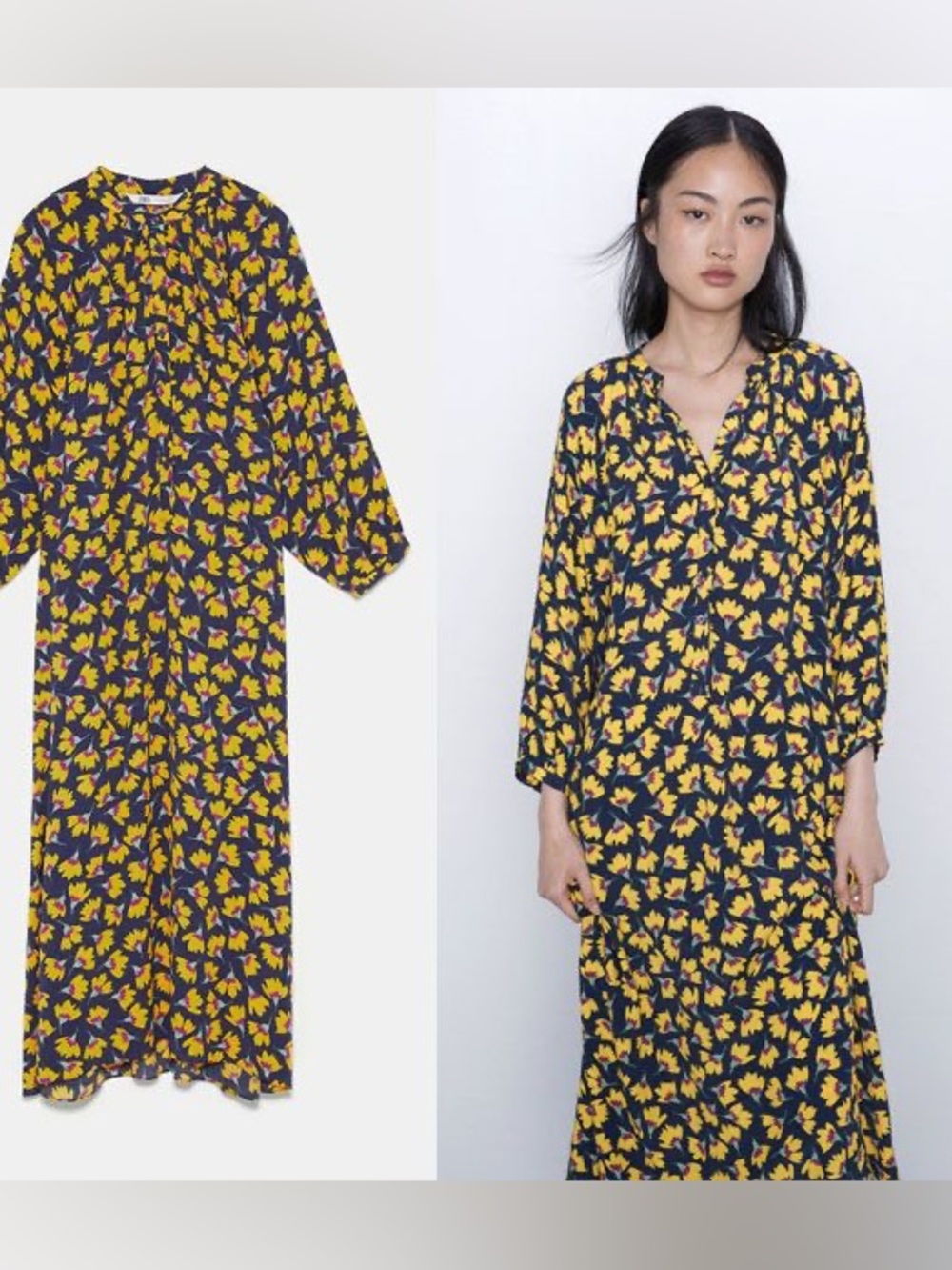Zara Navy Maxi Dress with Yellow Floral Pattern